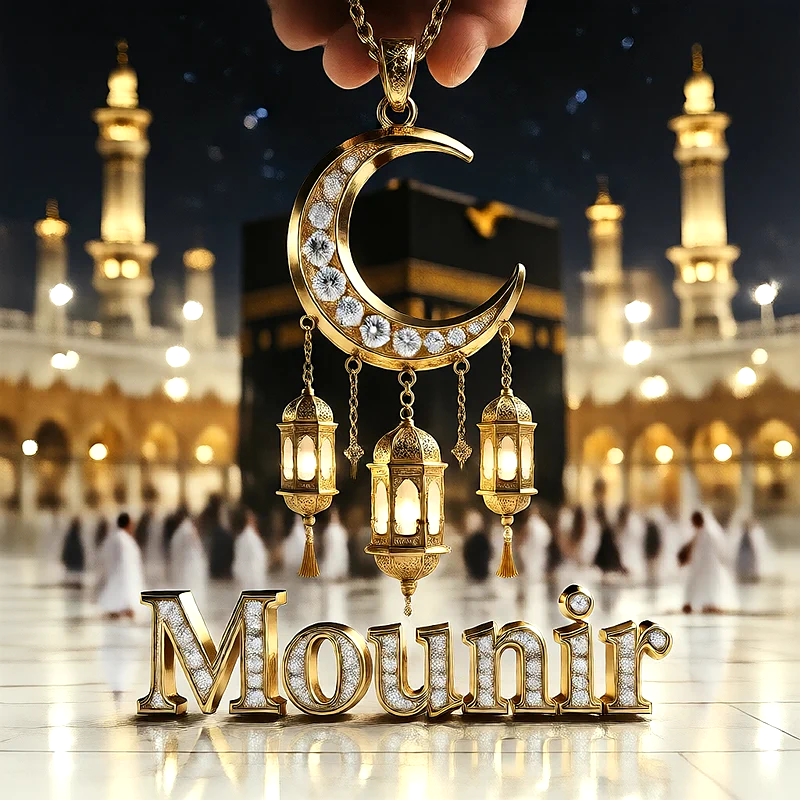 تصميم إسلامي فاخر لاسم منير بهلال ذهبي وفوانيس رمضانية أمام الكعبة | صور للواتساب