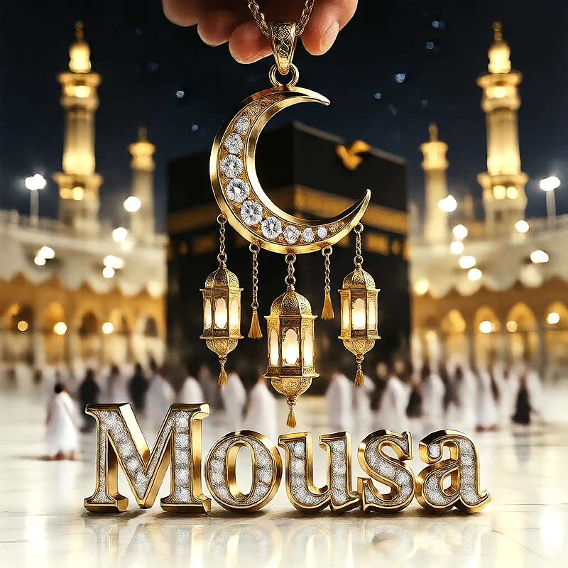 تصميم إسلامي فاخر لاسم موسى بهلال ذهبي وفوانيس رمضانية أمام الكعبة | صور للواتساب
