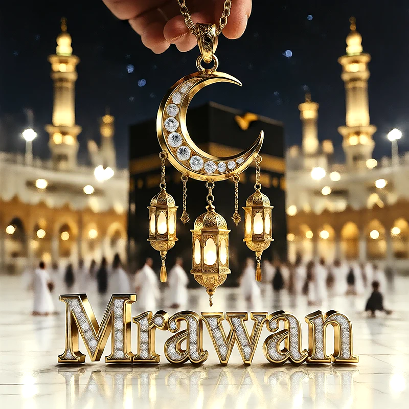 تصميم إسلامي فاخر لاسم مروان بهلال ذهبي وفوانيس رمضانية أمام الكعبة | صور للواتساب
