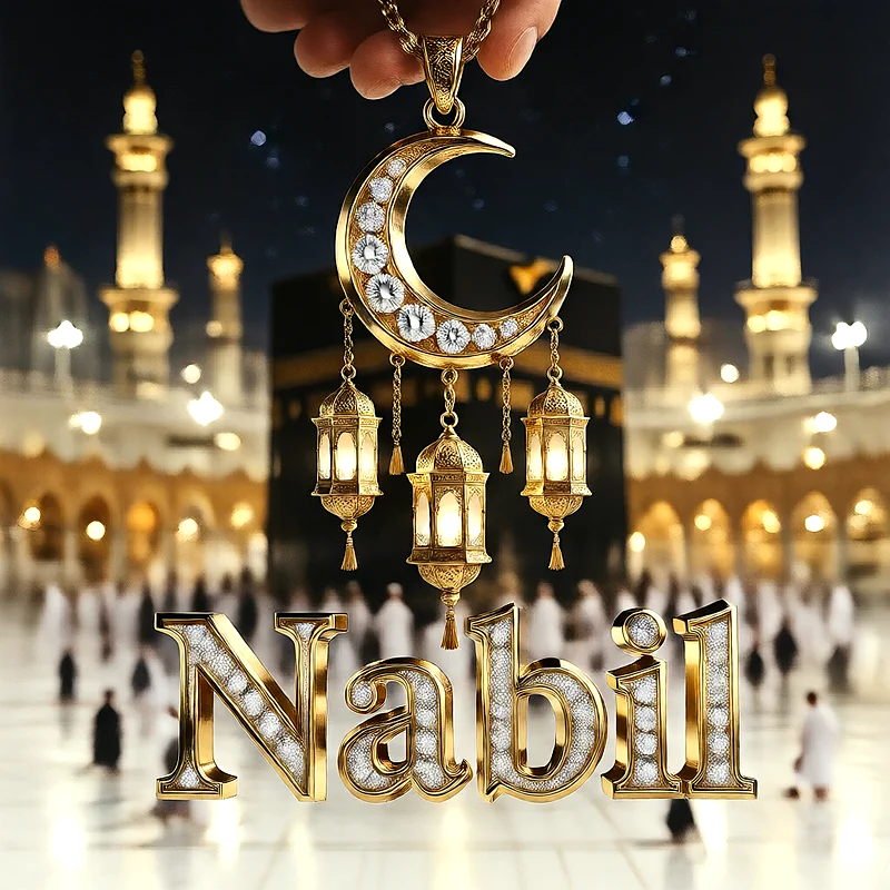 تصميم إسلامي فاخر لاسم نبيل بهلال ذهبي وفوانيس رمضانية أمام الكعبة | صور للواتساب