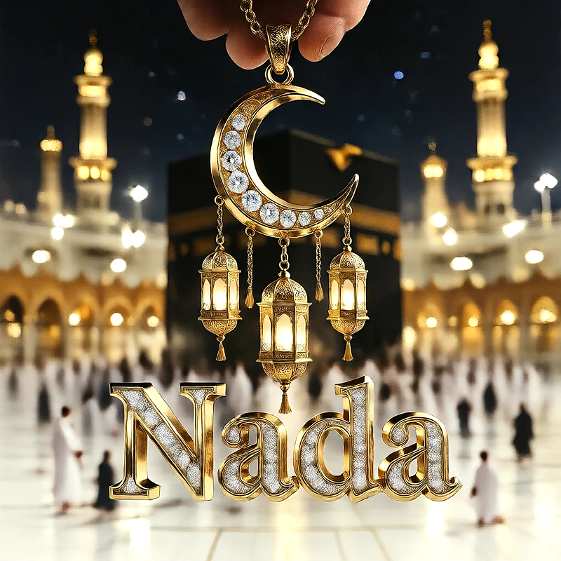 تصميم إسلامي فاخر لاسم ندى بهلال ذهبي وفوانيس رمضانية أمام الكعبة | صور للواتساب