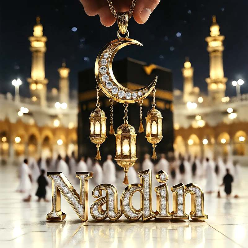 تصميم إسلامي فاخر لاسم نادين بهلال ذهبي وفوانيس رمضانية أمام الكعبة | صور للواتساب