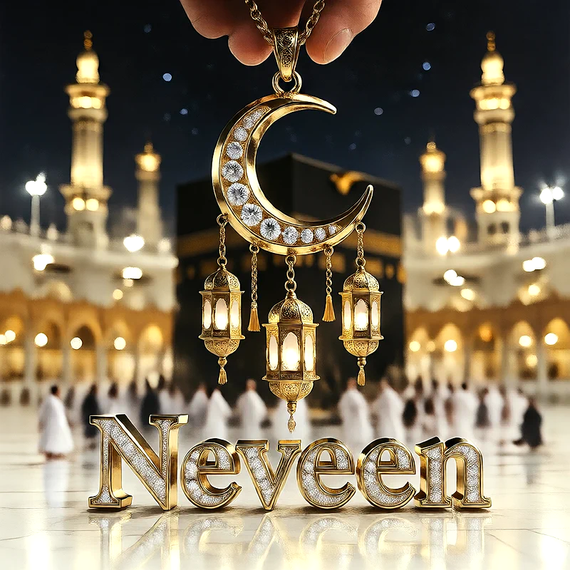 تصميم إسلامي فاخر لاسم نيفين بهلال ذهبي وفوانيس رمضانية أمام الكعبة | صور للواتساب