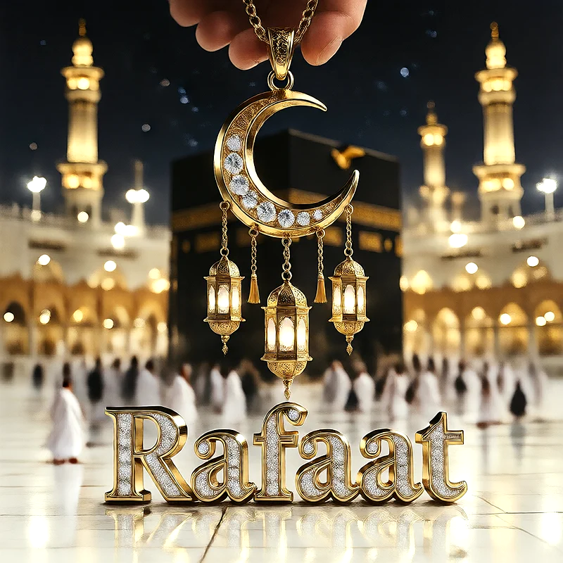 تصميم إسلامي فاخر لاسم رفعت بهلال ذهبي وفوانيس رمضانية أمام الكعبة | صور للواتساب