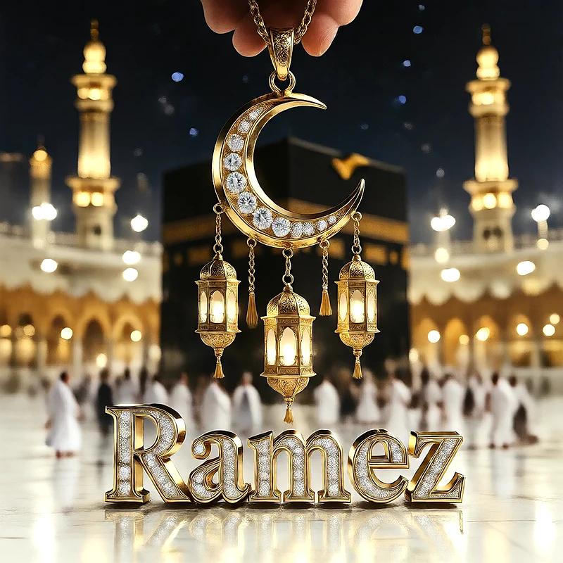 تصميم إسلامي فاخر لاسم رامز بهلال ذهبي وفوانيس رمضانية أمام الكعبة | صور للواتساب