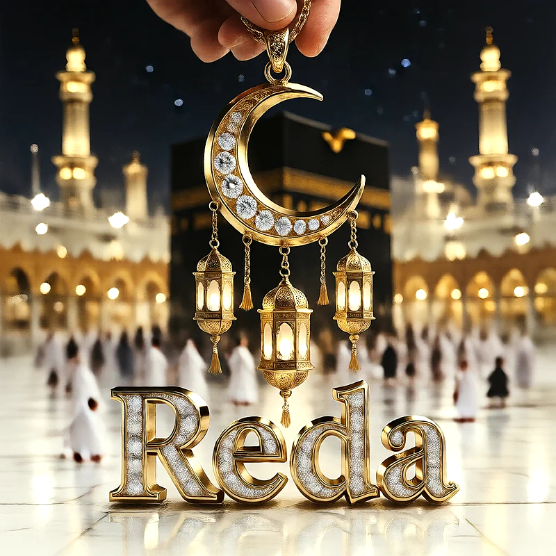 تصميم إسلامي فاخر لاسم رضا بهلال ذهبي وفوانيس رمضانية أمام الكعبة | صور للواتساب