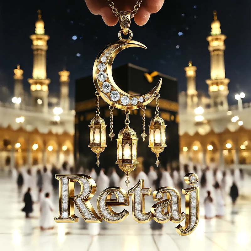 تصميم إسلامي فاخر لاسم ريتاج بهلال ذهبي وفوانيس رمضانية أمام الكعبة | صور للواتساب