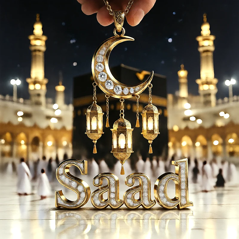 تصميم إسلامي فاخر لاسم سعد بهلال ذهبي وفوانيس رمضانية أمام الكعبة | صور للواتساب
