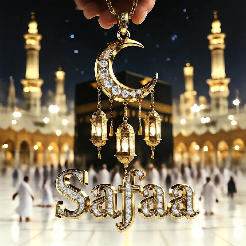 تصميم إسلامي فاخر لاسم صفاء بهلال ذهبي وفوانيس رمضانية أمام الكعبة | صور للواتساب