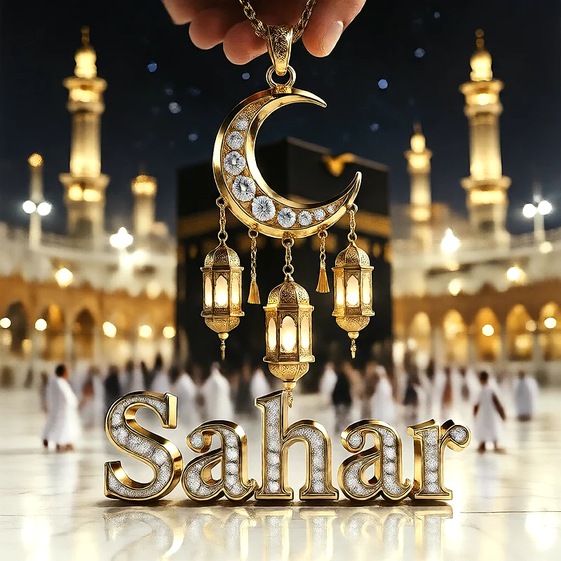 تصميم إسلامي فاخر لاسم سحر بهلال ذهبي وفوانيس رمضانية أمام الكعبة | صور للواتساب