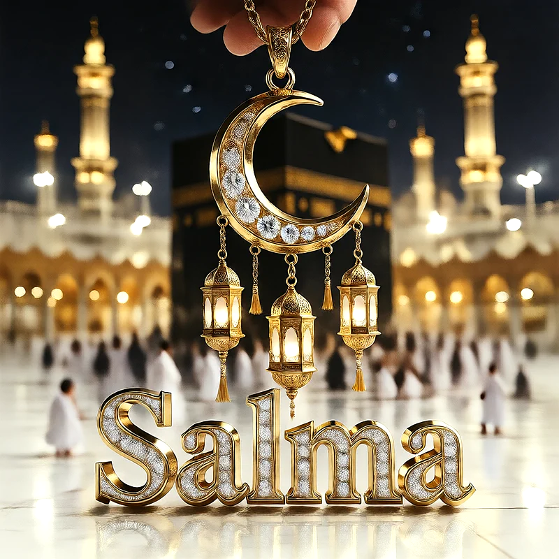 تصميم إسلامي فاخر لاسم سلمى بهلال ذهبي وفوانيس رمضانية أمام الكعبة | صور للواتساب