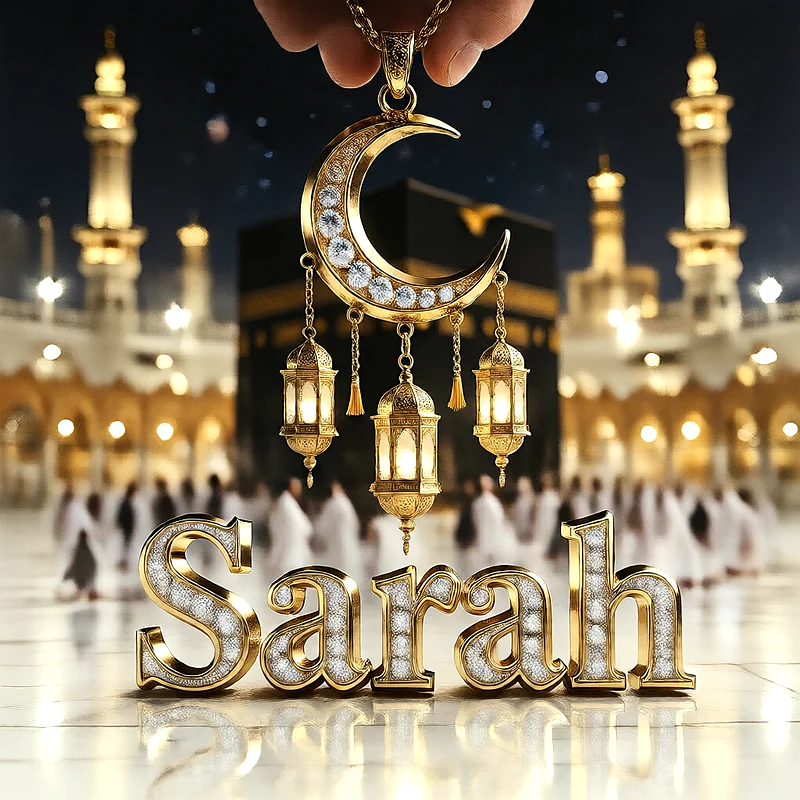 تصميم إسلامي فاخر لاسم سارة بهلال ذهبي وفوانيس رمضانية أمام الكعبة | صور للواتساب