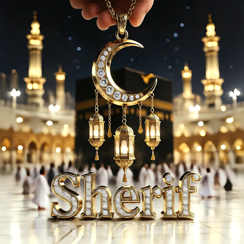 تصميم إسلامي فاخر لاسم شريف بهلال ذهبي وفوانيس رمضانية أمام الكعبة | صور للواتساب