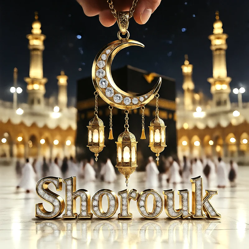 تصميم إسلامي فاخر لاسم شروق بهلال ذهبي وفوانيس رمضانية أمام الكعبة | صور للواتساب
