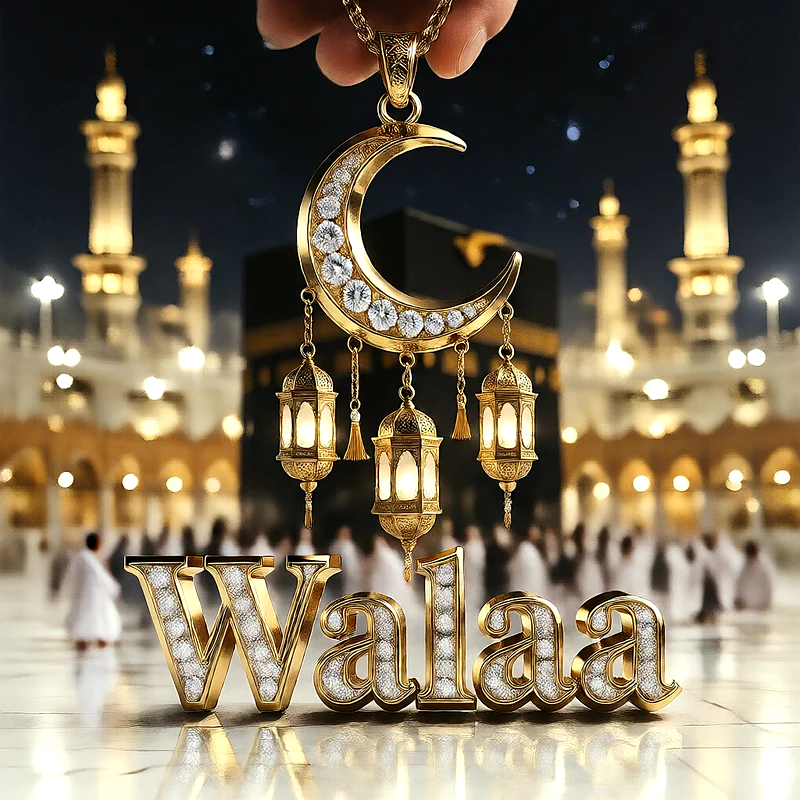 تصميم إسلامي فاخر لاسم ولاء بهلال ذهبي وفوانيس رمضانية أمام الكعبة | صور للواتساب
