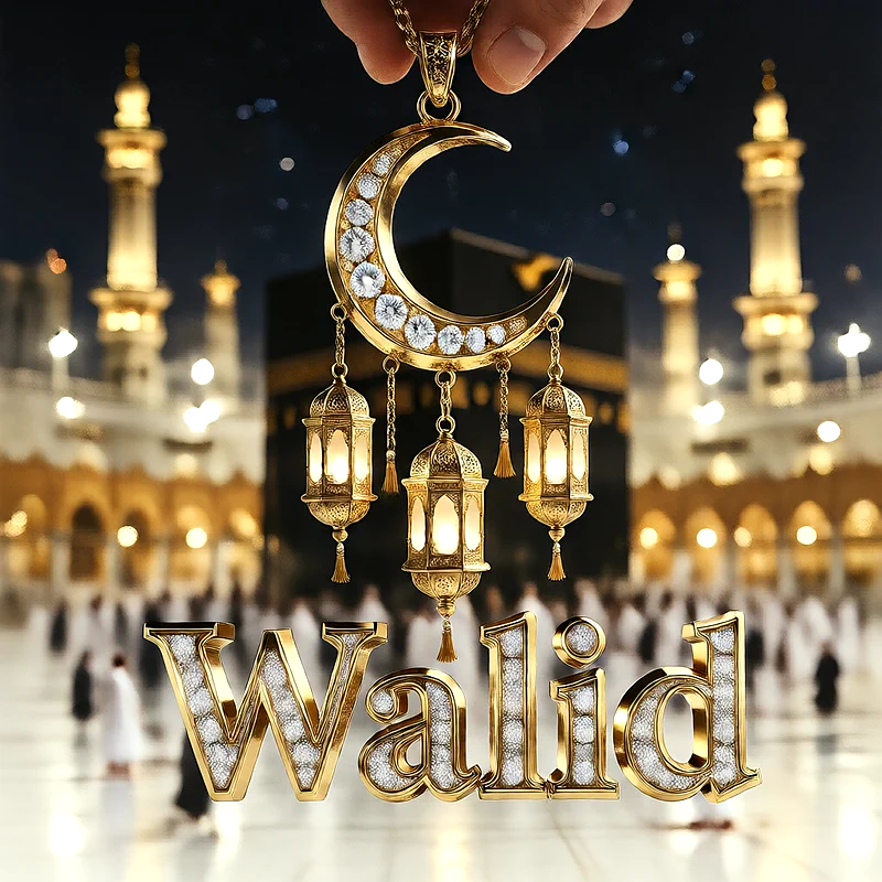تصميم إسلامي فاخر لاسم وليد بهلال ذهبي وفوانيس رمضانية أمام الكعبة | صور للواتساب