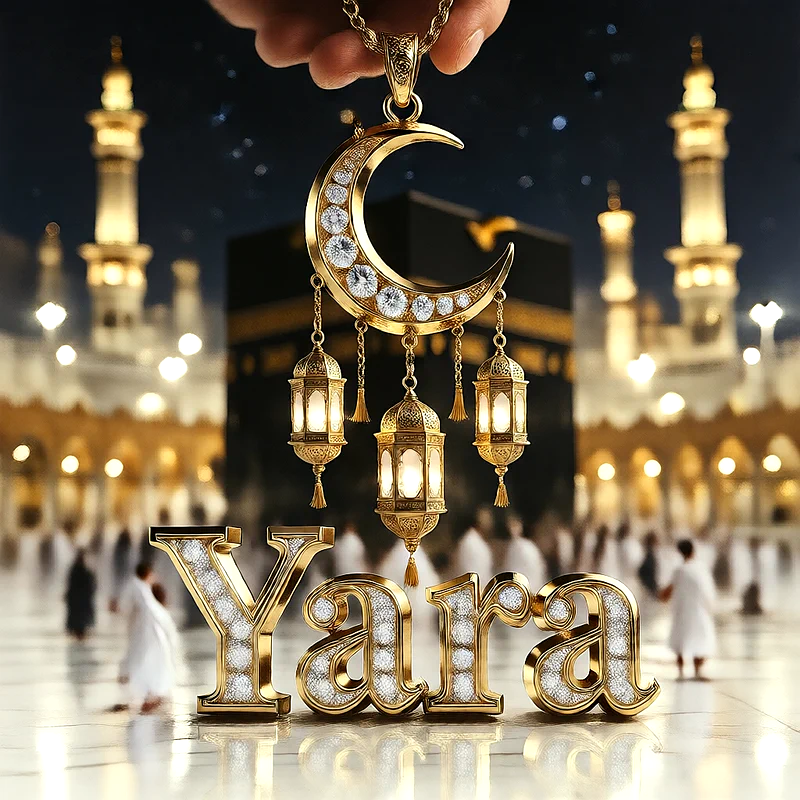 تصميم إسلامي فاخر لاسم يارا بهلال ذهبي وفوانيس رمضانية أمام الكعبة | صور للواتساب