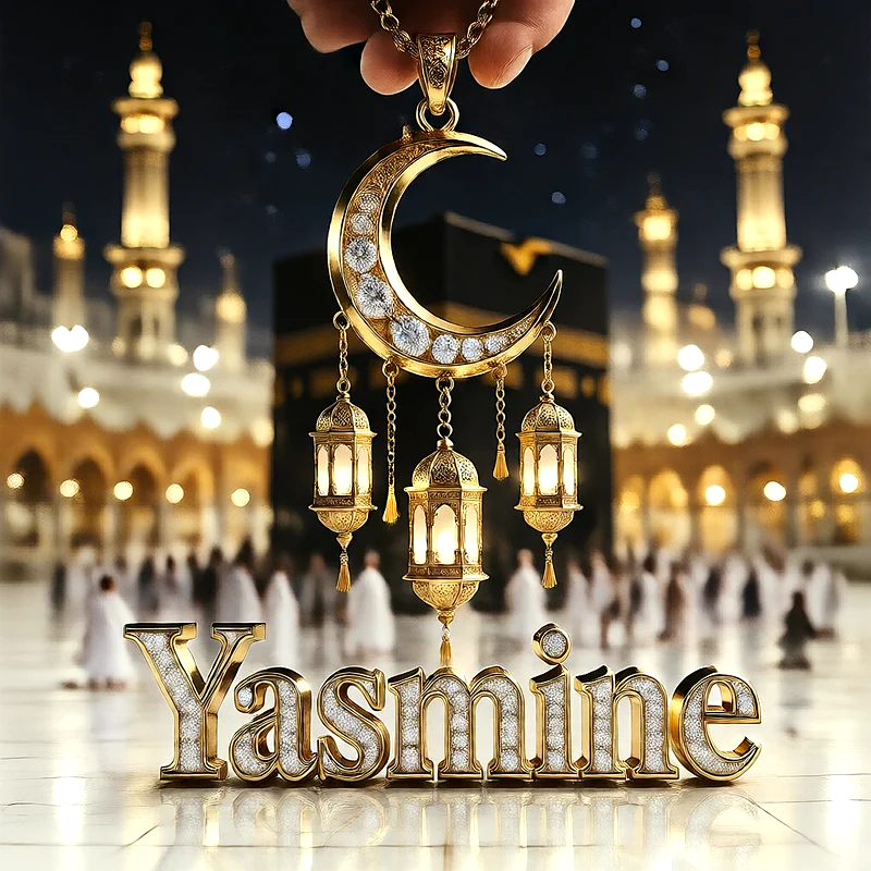 تصميم إسلامي فاخر لاسم ياسمين بهلال ذهبي وفوانيس رمضانية أمام الكعبة | صور للواتساب