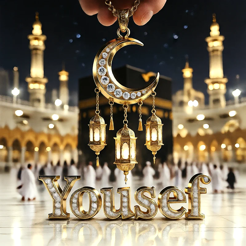 تصميم إسلامي فاخر لاسم يوسف بهلال ذهبي وفوانيس رمضانية أمام الكعبة | صور للواتساب
