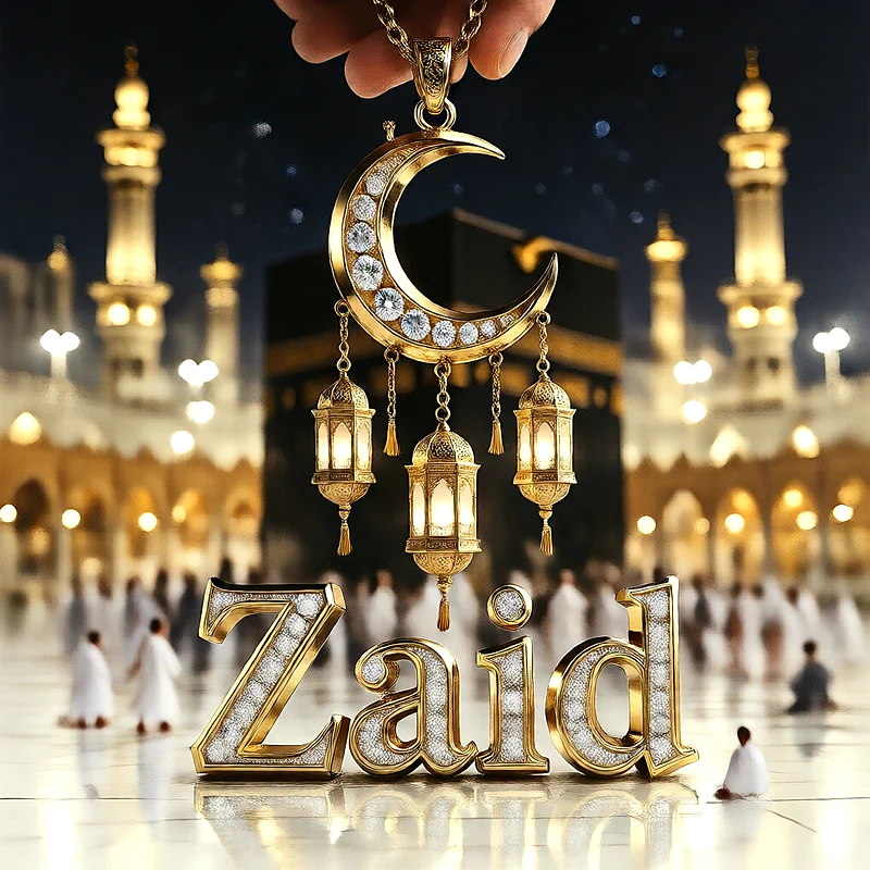 تصميم إسلامي فاخر لاسم زيد بهلال ذهبي وفوانيس رمضانية أمام الكعبة | صور للواتساب