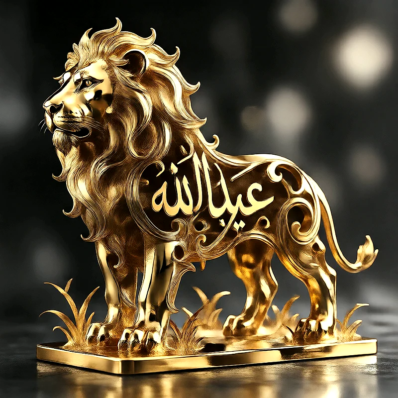 صورة اسم عبدالله على تمثال أسد ذهبي فاخر بخط عربي أنيق