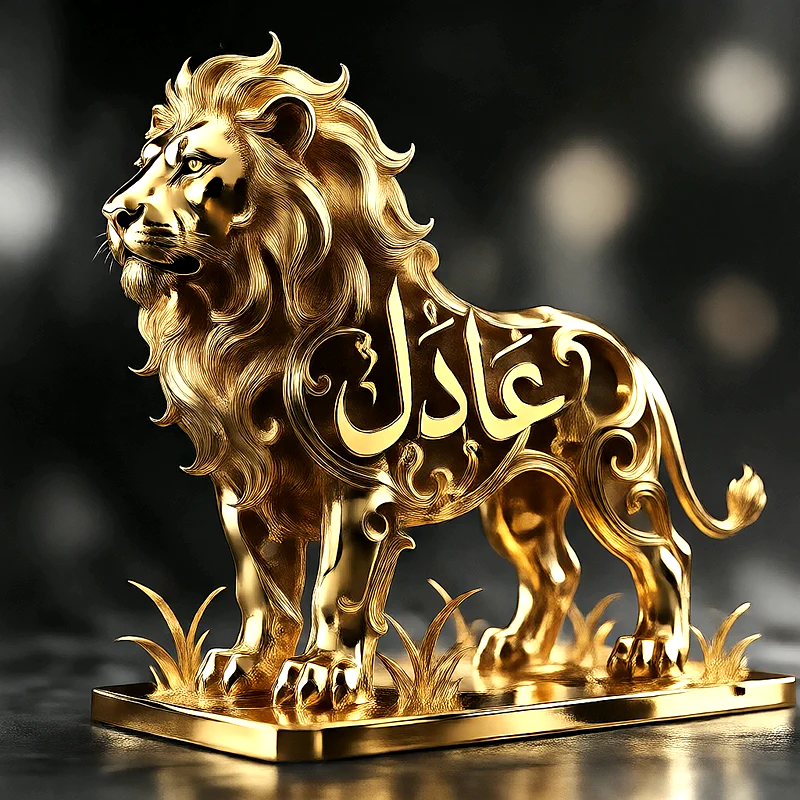 صورة اسم عادل على تمثال أسد ذهبي فاخر بخط عربي أنيق