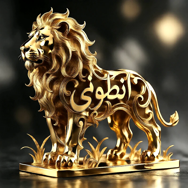 صورة اسم انطونى على تمثال أسد ذهبي فاخر بخط عربي أنيق