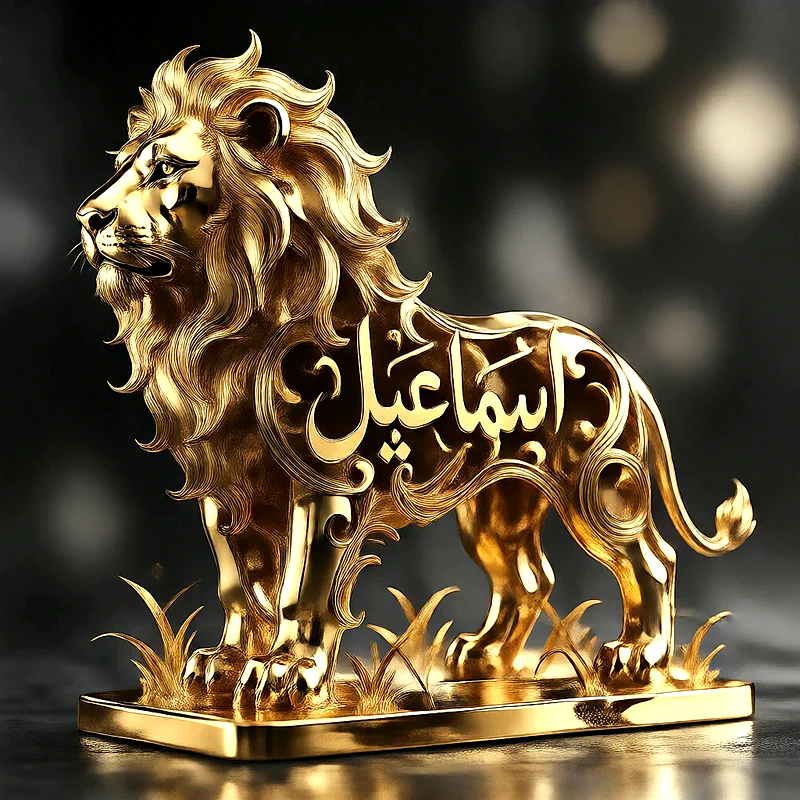 صورة اسم اسماعيل على تمثال أسد ذهبي فاخر بخط عربي أنيق