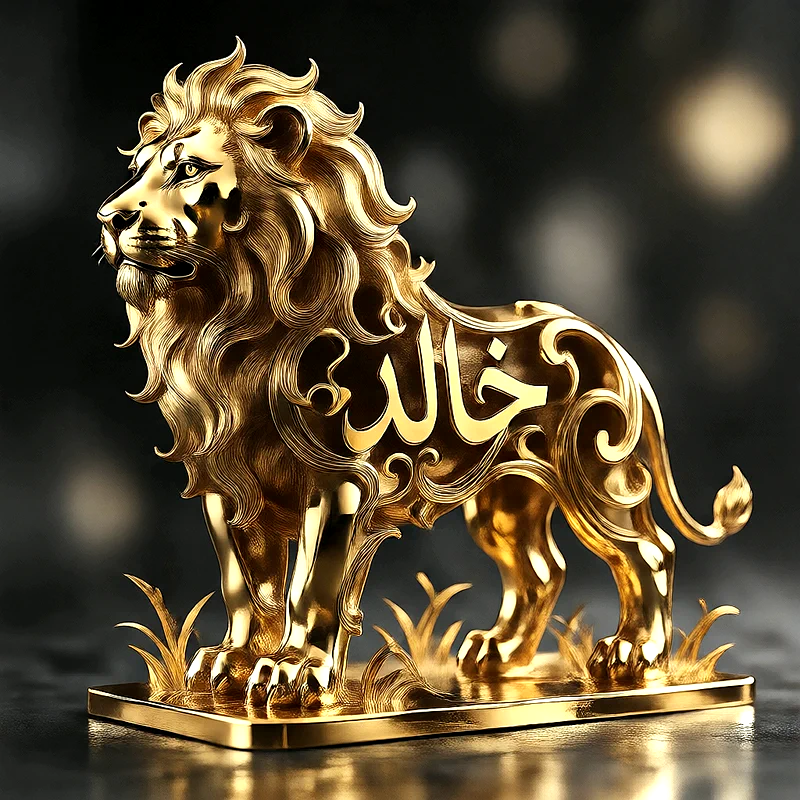 صورة اسم خالد على تمثال أسد ذهبي فاخر بخط عربي أنيق