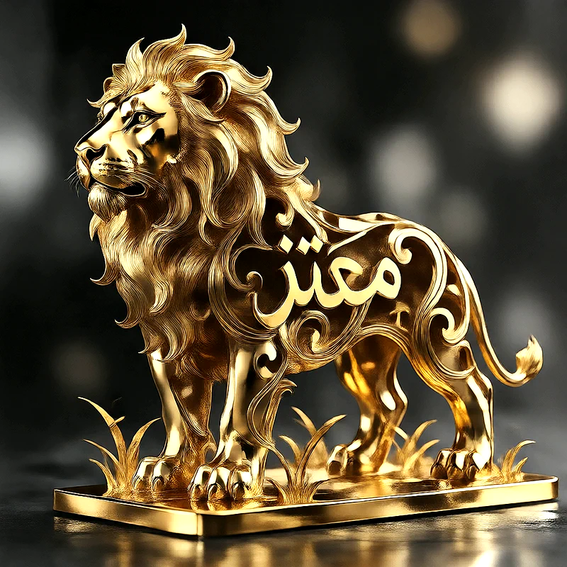 صورة اسم معتز على تمثال أسد ذهبي فاخر بخط عربي أنيق
