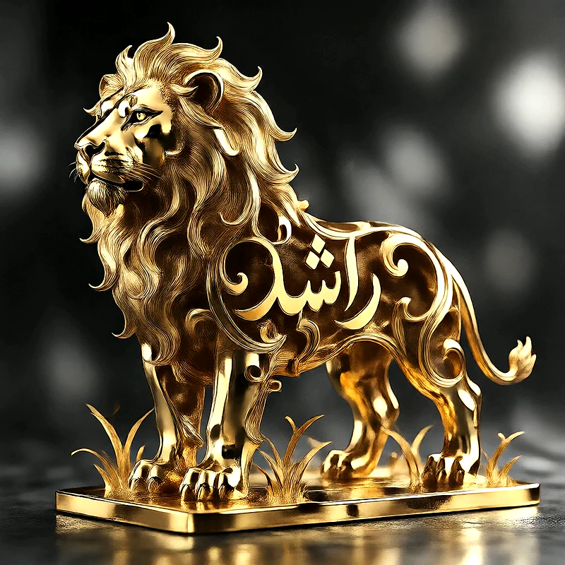 صورة اسم راشد على تمثال أسد ذهبي فاخر بخط عربي أنيق