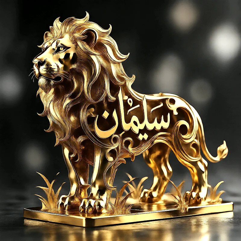 صورة اسم سليمان على تمثال أسد ذهبي فاخر بخط عربي أنيق