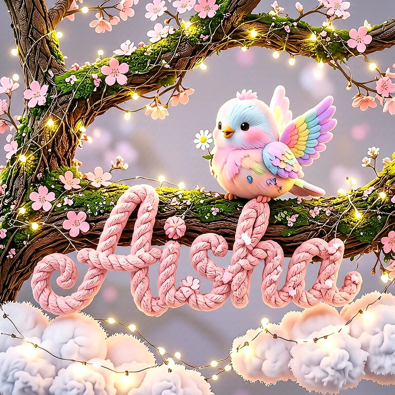 صورة اسم عائشة مع العصفور الملون على شجرة الأزهار الوردية