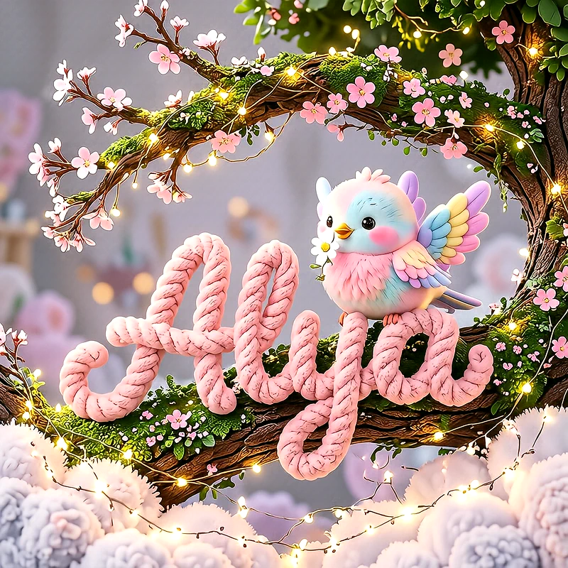 صورة اسم عالية مع العصفور الملون على شجرة الأزهار الوردية