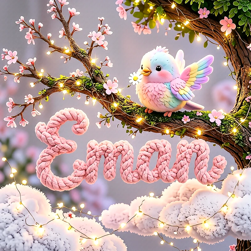 صورة اسم إيمان مع العصفور الملون على شجرة الأزهار الوردية