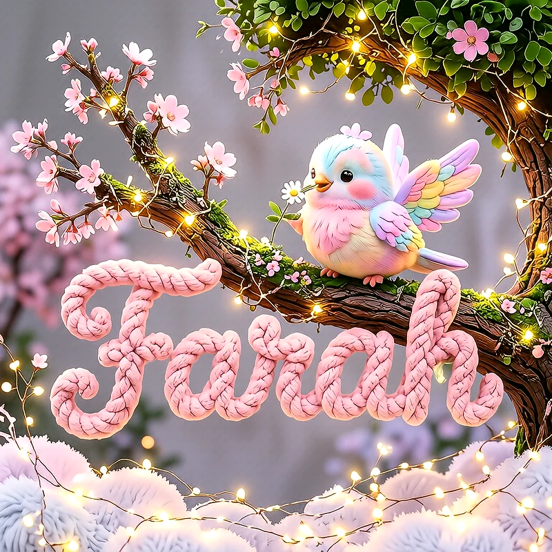 صورة اسم فرح مع العصفور الملون على شجرة الأزهار الوردية