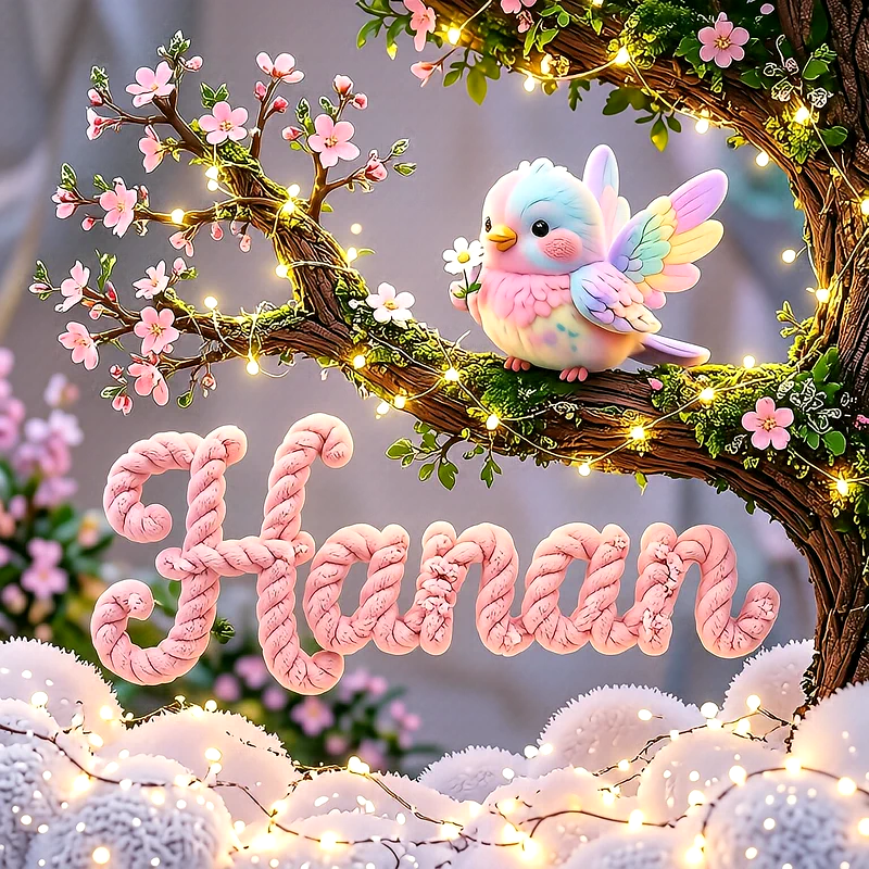 صورة اسم حنان مع العصفور الملون على شجرة الأزهار الوردية