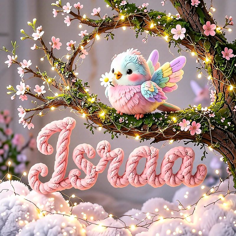 صورة اسم إسراء مع العصفور الملون على شجرة الأزهار الوردية