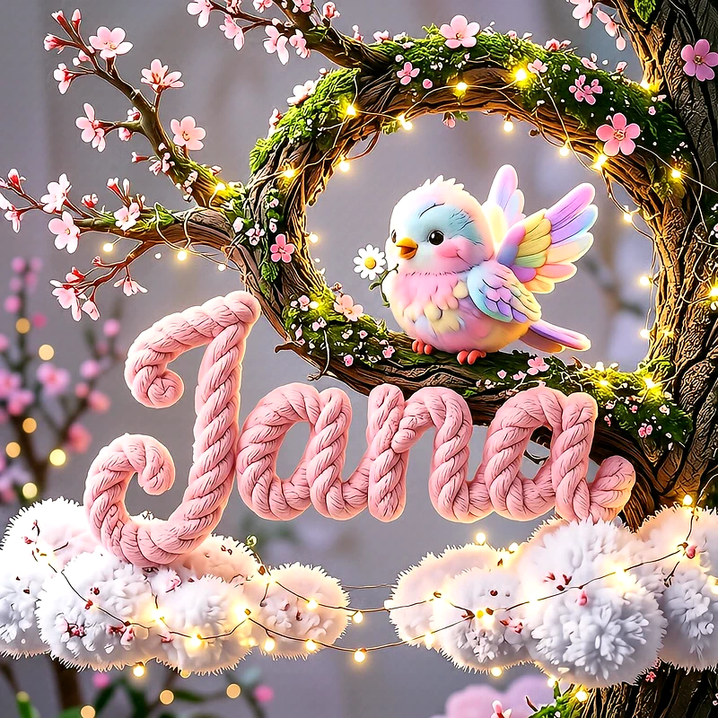 صورة اسم جنى مع العصفور الملون على شجرة الأزهار الوردية