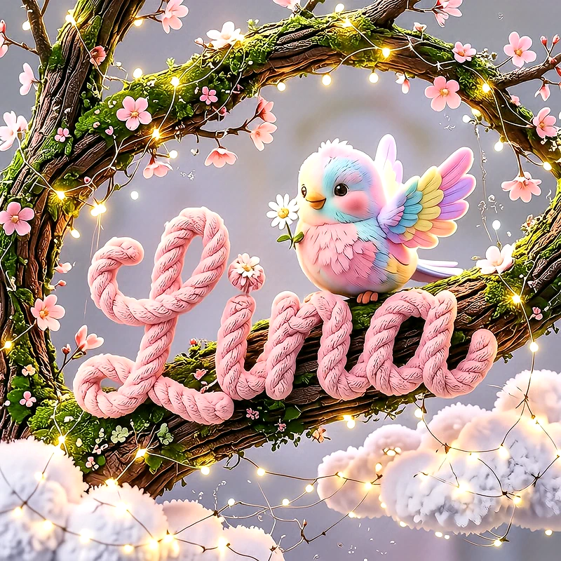 صورة اسم لينا مع العصفور الملون على شجرة الأزهار الوردية
