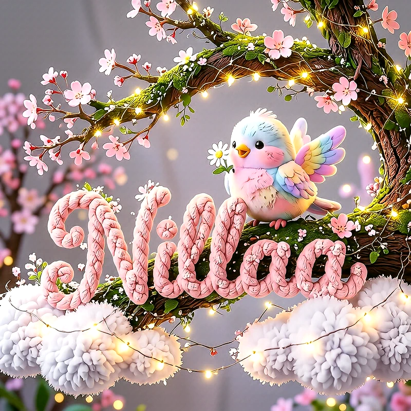 صورة اسم نيللى مع العصفور الملون على شجرة الأزهار الوردية