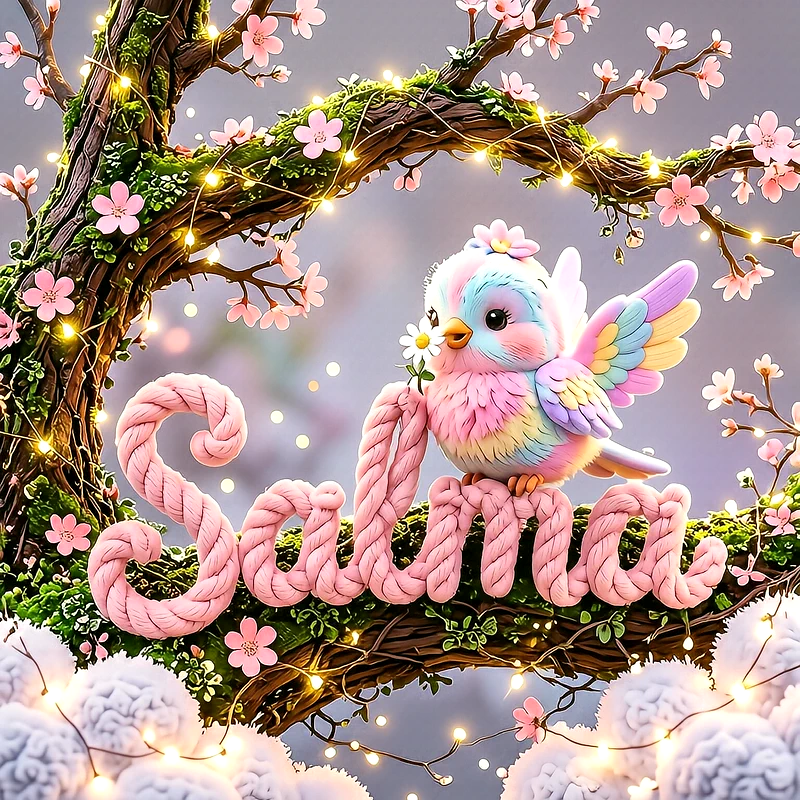 صورة اسم سلمى مع العصفور الملون على شجرة الأزهار الوردية