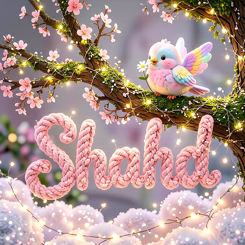 صورة اسم شهد مع العصفور الملون على شجرة الأزهار الوردية