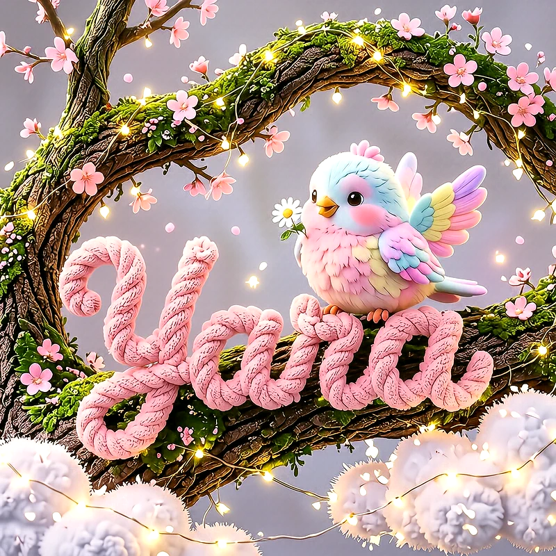 صورة اسم يارا مع العصفور الملون على شجرة الأزهار الوردية