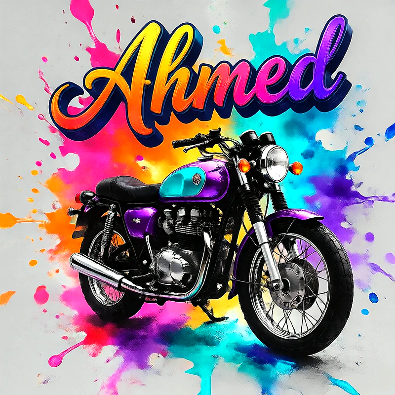 صور اسم احمد بخط ملون متدرج على موتوسيكل بنفسجي | تصميم موتوسيكل 3D للفيسبوك والواتساب