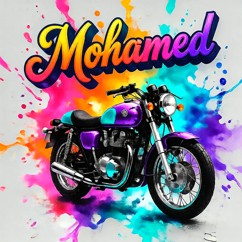 صور اسم محمد بخط ملون متدرج على موتوسيكل بنفسجي | تصميم موتوسيكل 3D للفيسبوك والواتساب