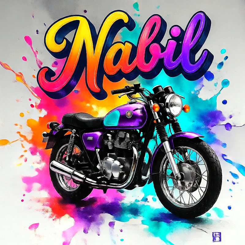 صور اسم نبيل بخط ملون متدرج على موتوسيكل بنفسجي | تصميم موتوسيكل 3D للفيسبوك والواتساب