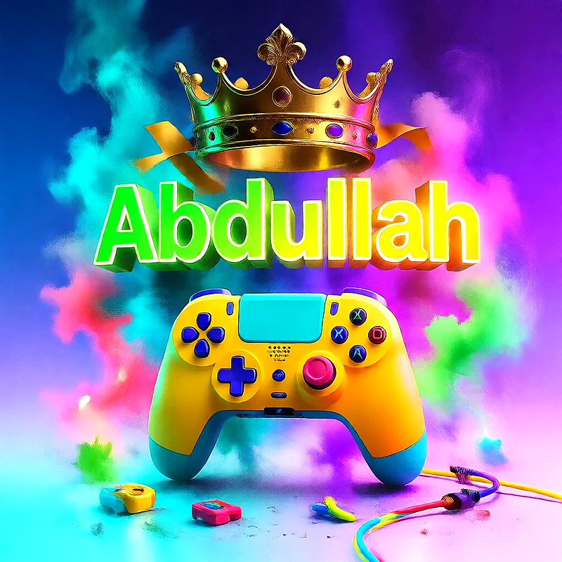 صورة اسم عبدالله بتاج ذهبي على يد تحكم ألعاب بلاى ستيشن | تصميم جيمنج 3D للفيسبوك والواتساب
