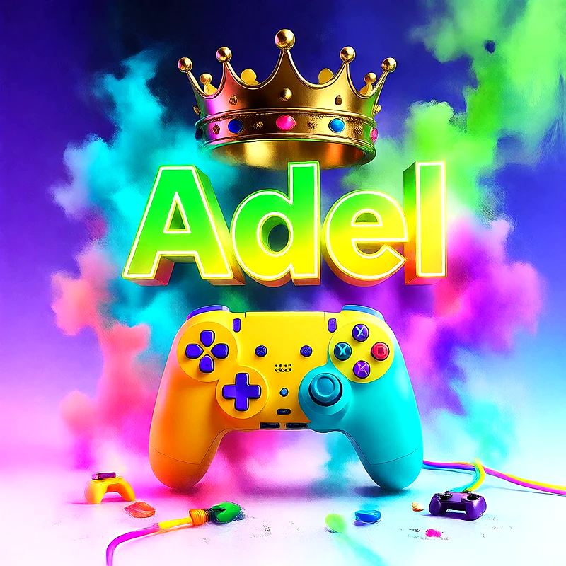 صورة اسم عادل بتاج ذهبي على يد تحكم ألعاب بلاى ستيشن | تصميم جيمنج 3D للفيسبوك والواتساب