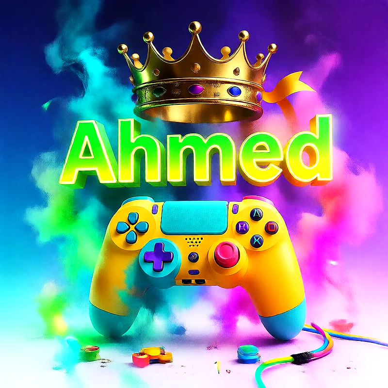 صورة اسم احمد بتاج ذهبي على يد تحكم ألعاب بلاى ستيشن | تصميم جيمنج 3D للفيسبوك والواتساب